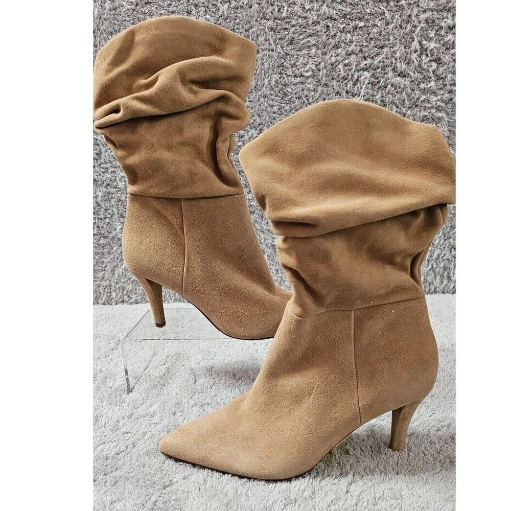 Vince Camuto Slouch Mid Calf Boot Tan Suede Pointed Toe Heels Womens 8.5 NEW